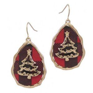 Red and Black Buffalo Plaid Teardrop Earring - Christmas Tree